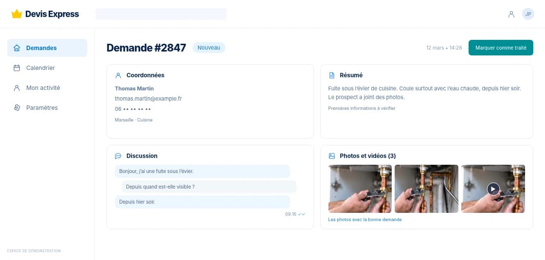 Un dossier avec les coordonnées, le résumé, la discussion et les photos du prospect.